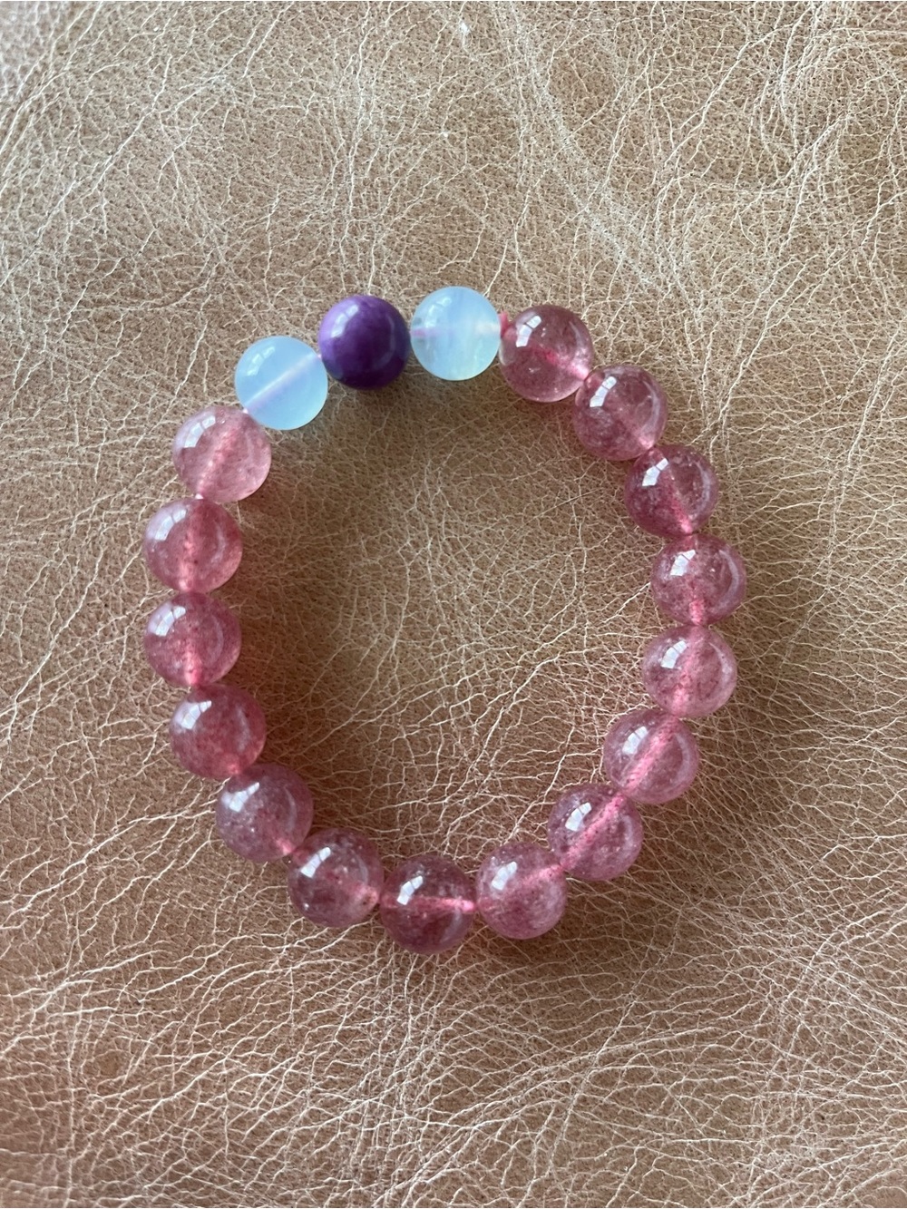 Strawberry Quartz Beaded Stretch Bracelet with Aquamarine accent